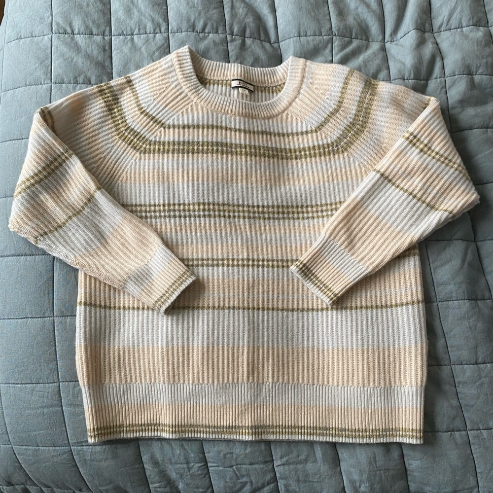 J. Crew - 100% Cashmere Women's Striped Cream and Olive Sweater
